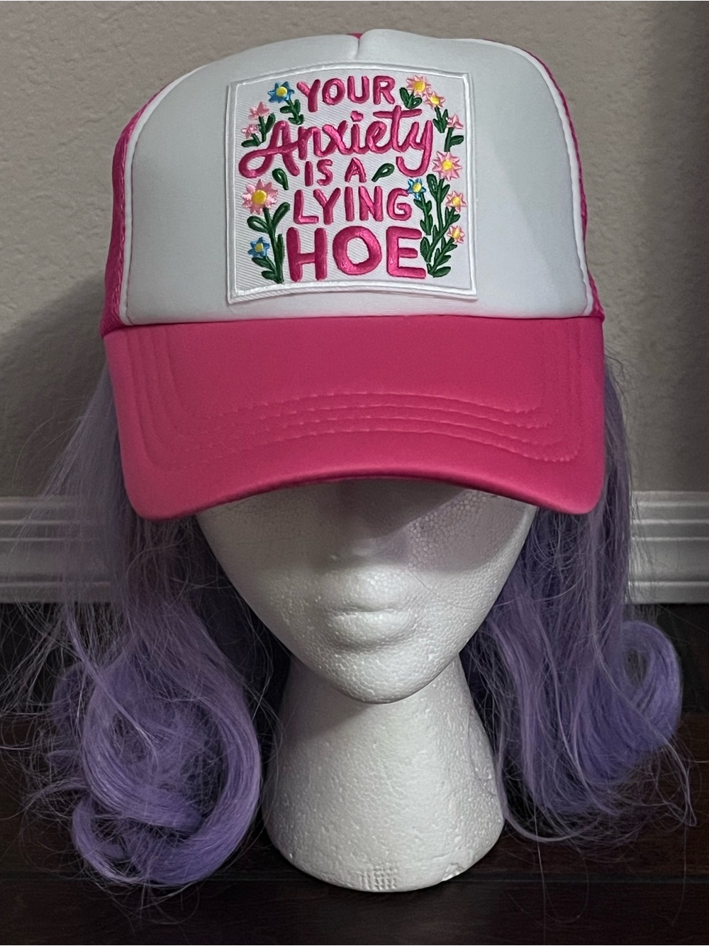 Pink and White Trucker Hat – 'Your Anxiety Is A Lying Ho*'